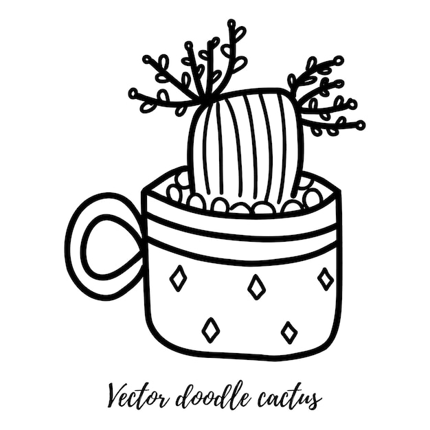 Vector doodle cactus illustration Planta de casa de arte de linha preta em uma panela. Para designs e fundos