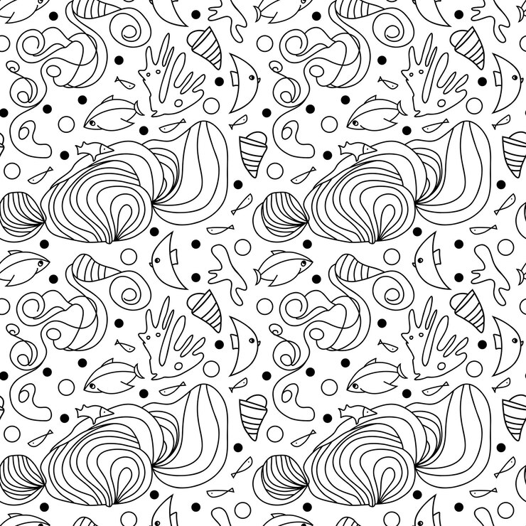 Vetor vector doodle padrão sem costura linha preta vida subaquática com peixes conchas marinhas algas
