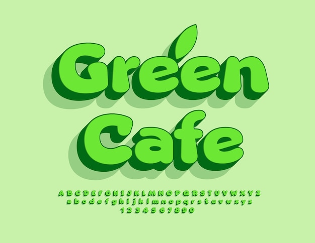 Vetor vector eco conceito green cafe funny bright font creative 3d alfabeto set de letras e números