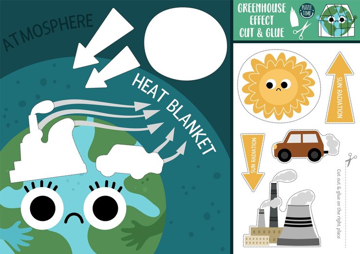 Vetor vector ecológico cortar e colar atividade dia da terra jogo de artesanato com efeito estufa eco consciência folha de trabalho imprimível encontre a peça certa do quebra-cabeça explicativo completar a imagem xa