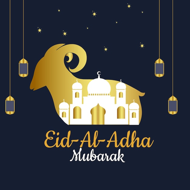 Vetor vector eid mubarak fundo com mesquita e cabra eid al adha mubarak