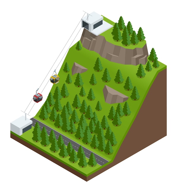 Vector elemento infográfico isométrico ou ícone representando viagens no teleférico da estação inferior para a plataforma de visualização na montanha. teleférico nas montanhas.