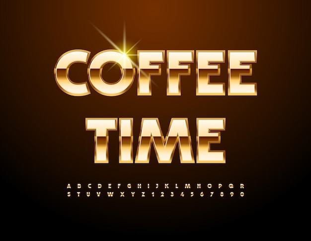 Vector emblema premium coffee time elite gold metal font exclusivo set de letras e números do alfabeto