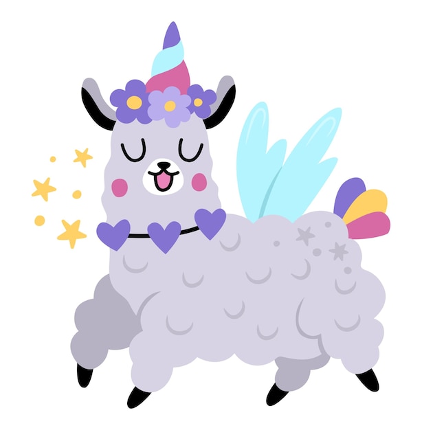 Vector feliz llama unicórnio animal de fantasia com chifre de arco-íris e flores de cauda nas asas da cabeça estrelas personagem de conto de fadas para crianças ícone de criatura mágica de desenho animado isolado em fundo branco