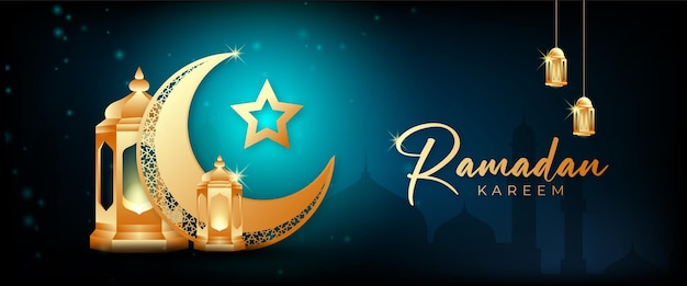 Vector feliz Ramadan kareem e vetor de banner de saudação religiosa islâmica