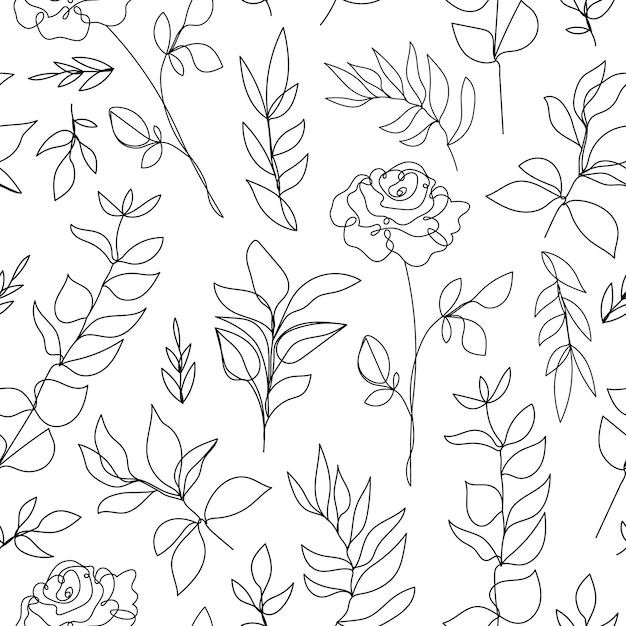 Vector flor linear sem costura fundo rosas e folhas padrão de linha estilo desenhado à mão Doodle Monoline