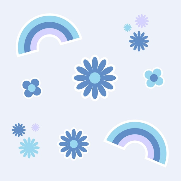 Vetor vector flores azuis adesivos e arco-íris bonito padrão de menina