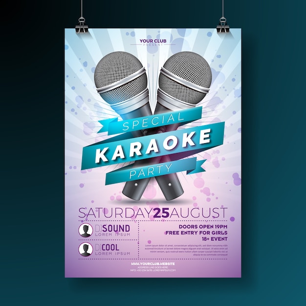 Vector flyer para um tema de karaoke party com microfones