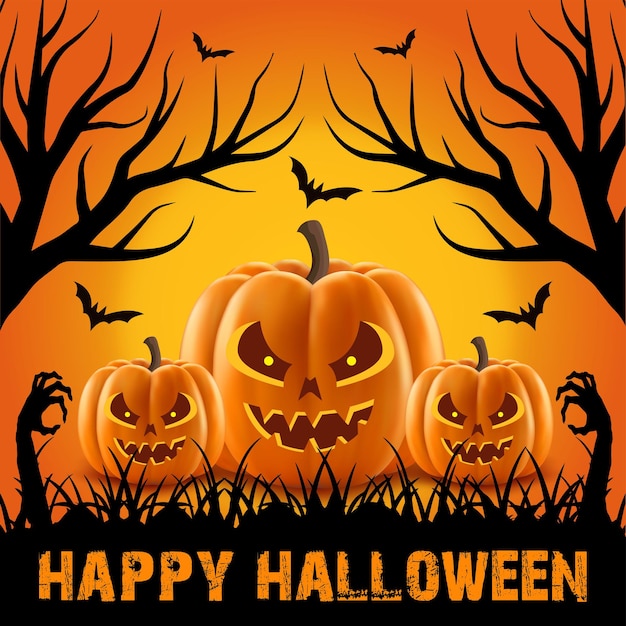 Vector fundo de halloween com abóbora e árvore assustadora
