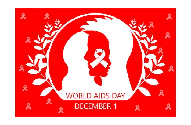Vetor vector fundo do conceito do dia mundial da sida, silhueta de um homem e uma mulher de frente para uma fita vermelha dentro