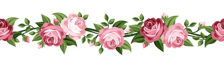 Vetor vector fundo sem costura horizontal com botões de rosas cor de rosa e folhas verdes em branco