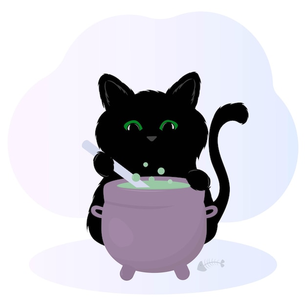 Vector gato preto cozinhar em uma poção de caldeirão. personagem mágico, magia, poção. ilustração para o inferno