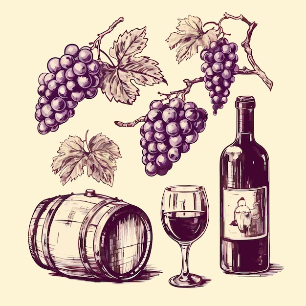 Vector grande barril de vinho com garrafa e ícone de uvas eps10 Vector um copo meio cheio de ícone de vinho eps10