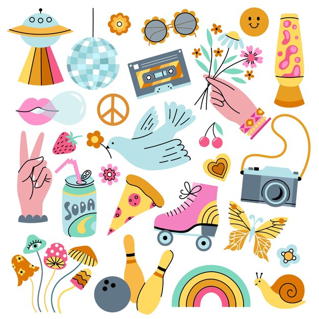 Vetor vector groovy retro icon set colecção hippie