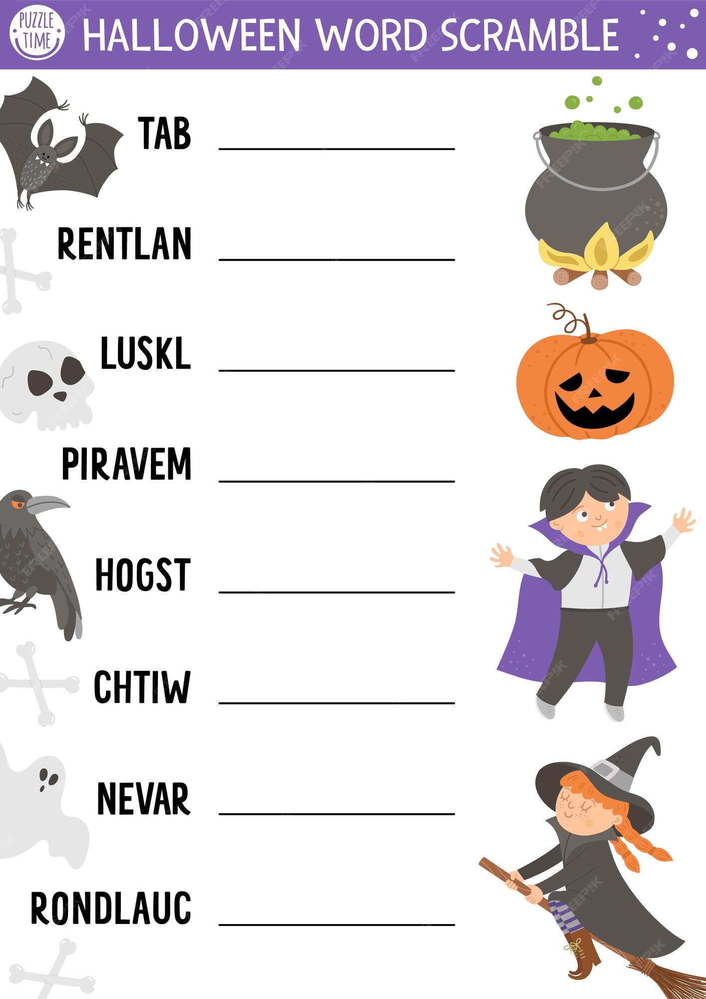 Vector halloween word scramble página de atividade jogo de língua