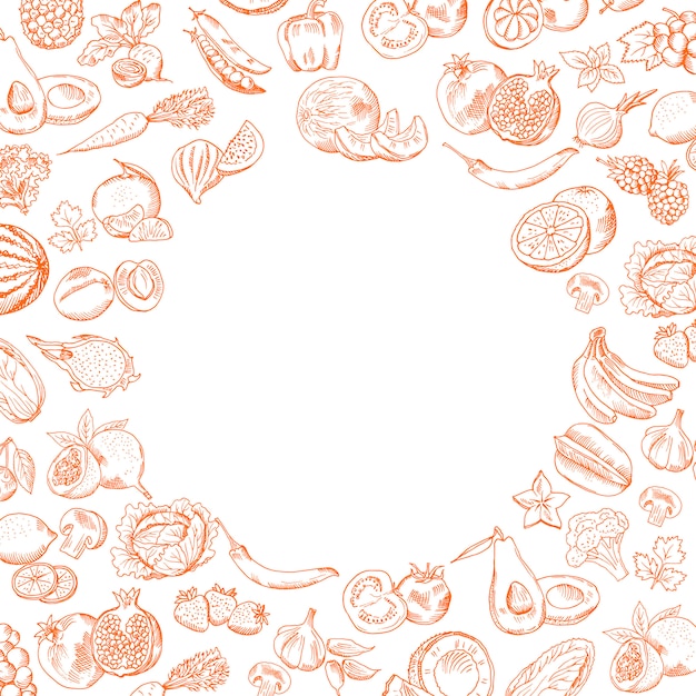 Vector handdrawn doodle frutas e legumes com lugar vazio redondo para sua ilustração de texto