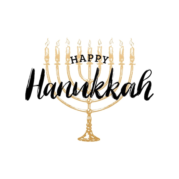 Vetor vector happy hanukkah mão lettering modelo de cartão de saudação de cartaz festivo com ilustração menorah