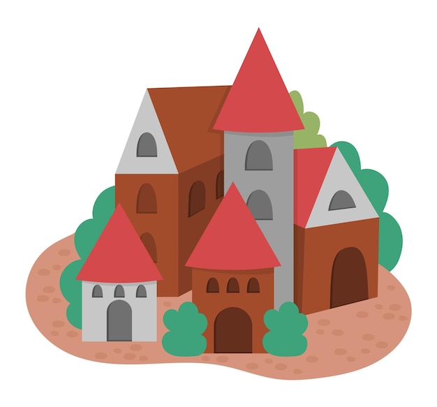 Vector ícone de vila medieval isolado no fundo branco imagem do reino mágico conjunto de construção de pedra e madeira campo com torres casas árvores ilustração de país de conto de fadas xa