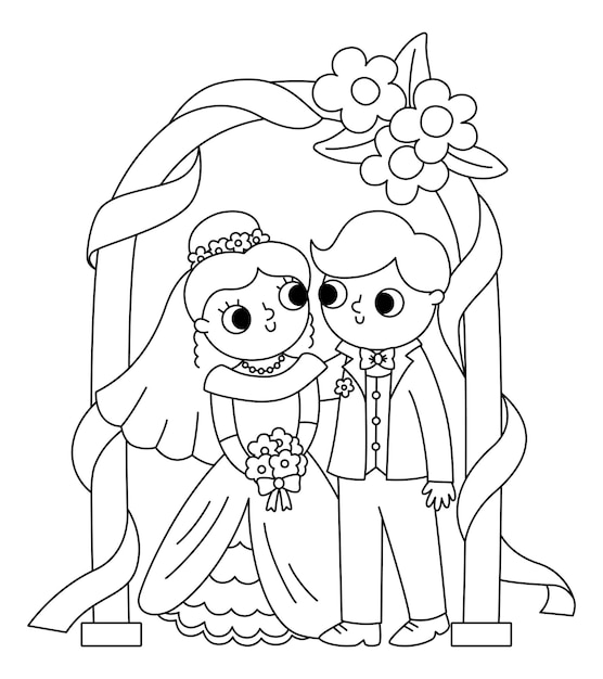 Vector ilustração em preto e branco com noiva e noivo cute recém-casado casal cerimônia de casamento linha ícone desenho animado casamento página de colorir com marido e mulher de pé sob o arco