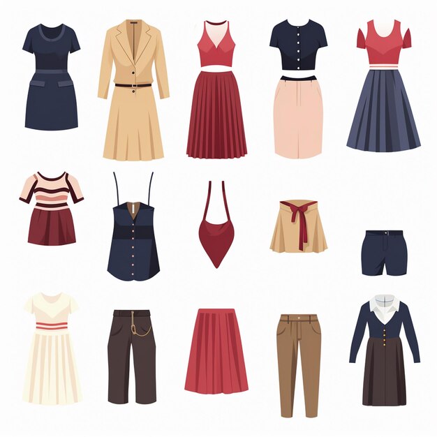 Vetor vector ilustração menina coleção de moda roupas conjunto desenho animado roupas roupas vestido gr