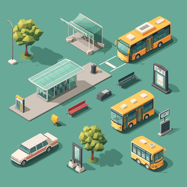 Vector_isometric_bus_stop_concept_objects_set