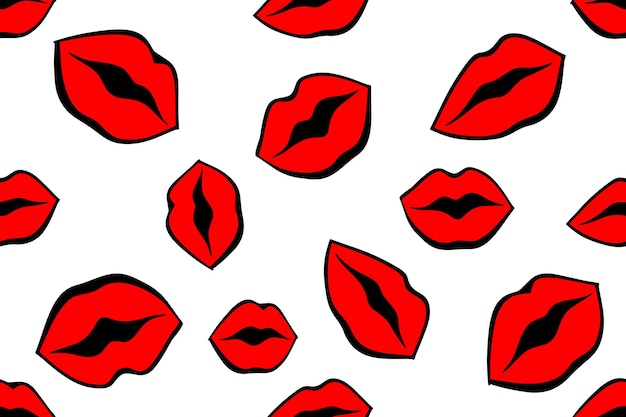Vector lábios vermelhos sem costura padrão ícone de boca desenhada de mão feminina papel de parede tecido gráfico de fundo impressão têxtil papel de embrulho ou design de pacote