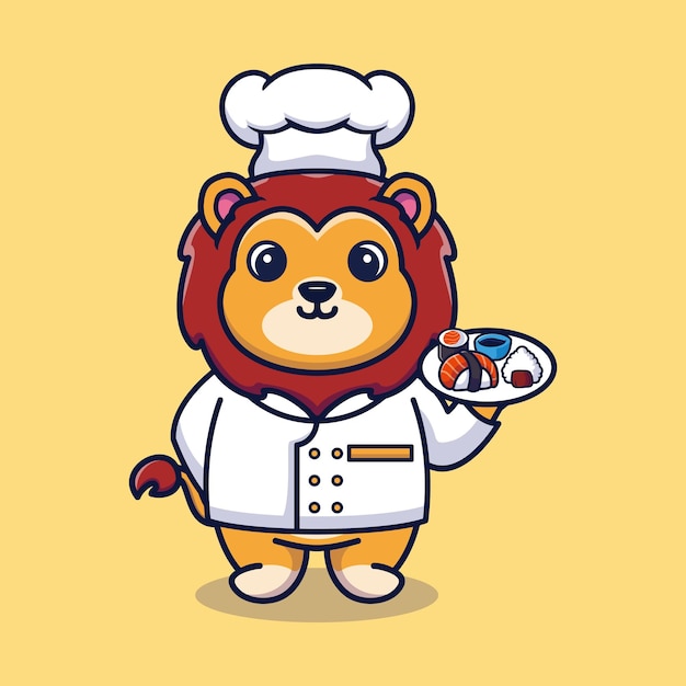 Vector leão chef mascote logotipo desenho animado bonito kawaii criativo