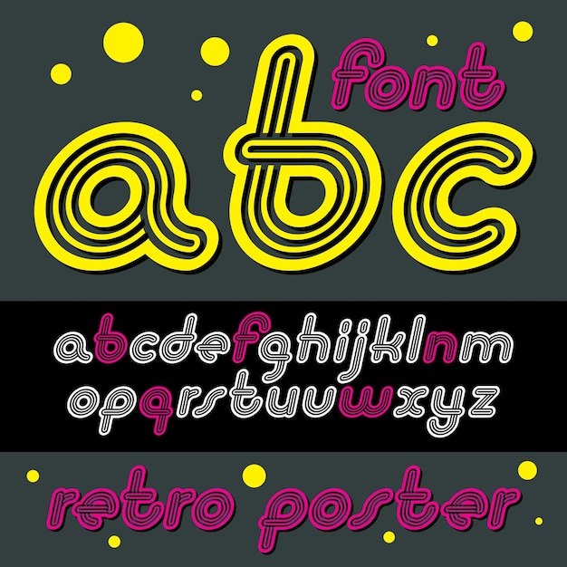 Vetor vector letras minúsculas do alfabeto inglês retrô, coleção abc. fonte cursiva disco legal, script de a a z pode ser usado na arte do cartaz. feito com decoração listrada tripla.