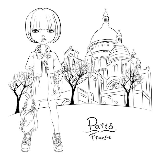 Vector linda garota no trimestre montmartre paris frança ilustração preto e branco para livro de colorir