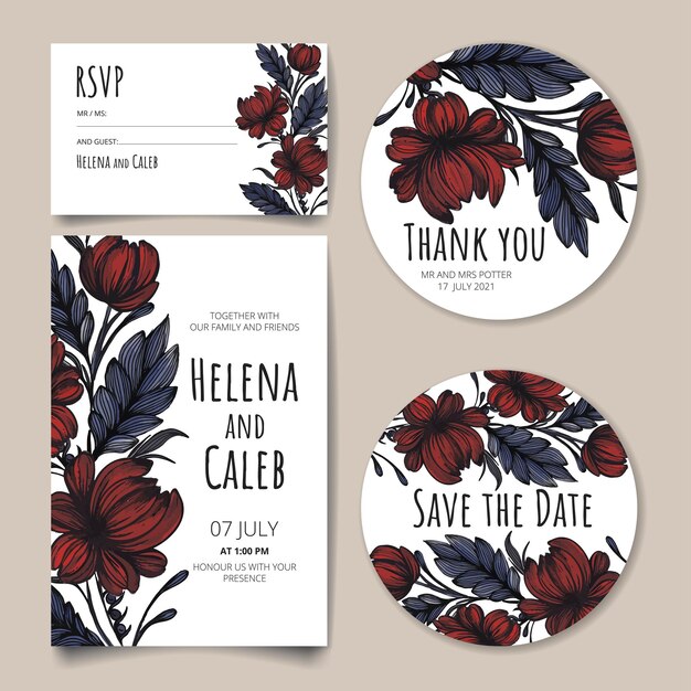 Vector lindo cartão de convite de casamento floral vintage desenhado à mão