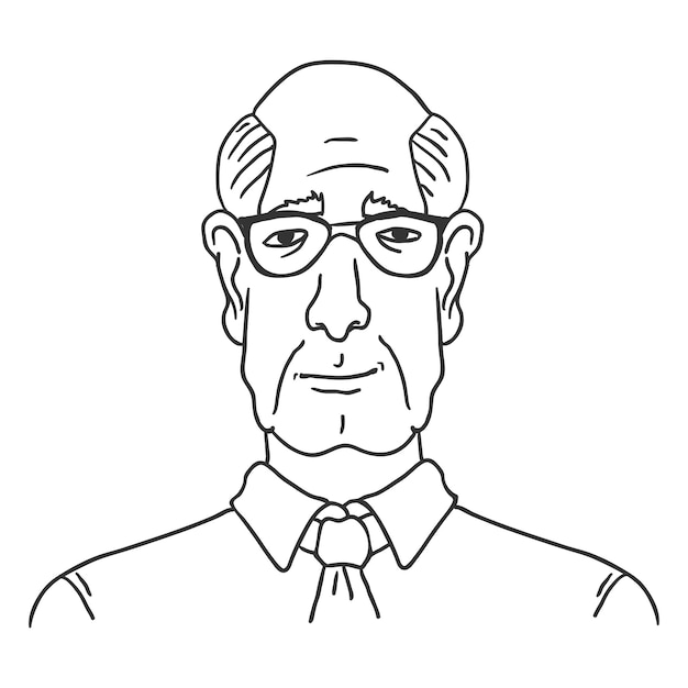 Vector line art business avatar - velho careca de camisa e gravata. retrato de personagem masculino.