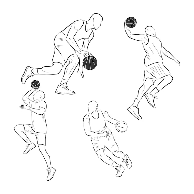 Vector line sketch jogador de basquete, jogador de basquete, ilustração de desenho vetorial