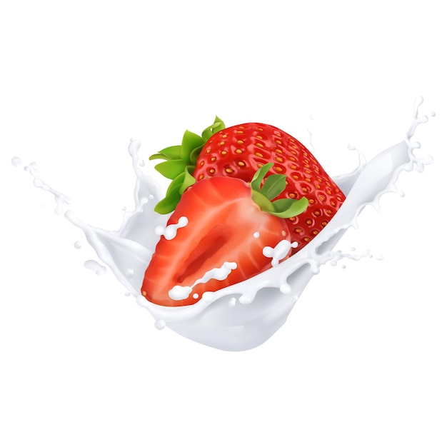 Vector livre delicioso morango fresco caindo em creme ou leite