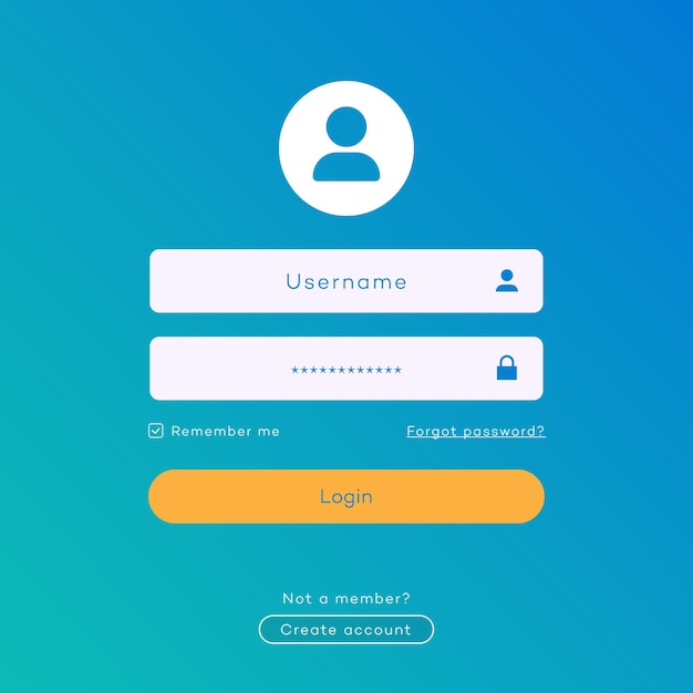 Vetor vector login form page template on trendy gradient background for app development smartphone mockups website ui elements online registration user profile access to account concept 10 eps