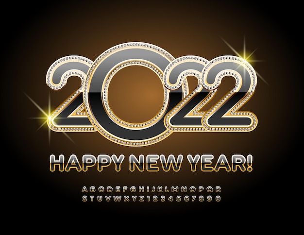 Vector luxo cartão de felicitações de feliz ano novo 2022 moderna fonte original preto e ouro brilhante alfabeto
