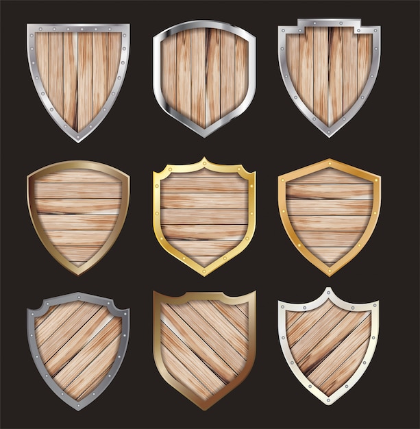 Vetor vector madeira e escudo de metal protegido sinal de ícone de aço
