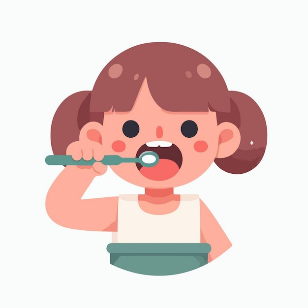 Vetor vector menina bonita escovando os dentes com pasta de dentes em atividade de higiene de rotina diária