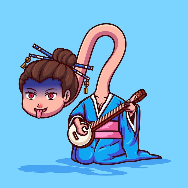 Vector menina bonita tocando shamisen melodyess instrumento desenho animado vetor japonês mitologia plano