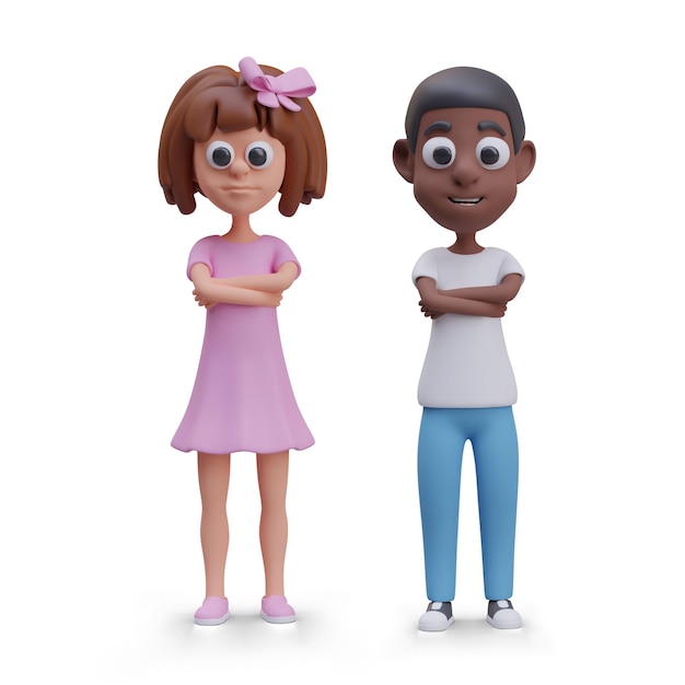 Vector menina e menino de pé com os braços cruzados no peito Crianças de diferentes gêneros e raças