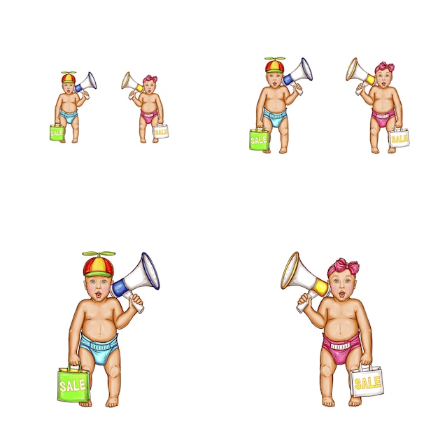 Vector menina, menino, ícones de avatar megafone