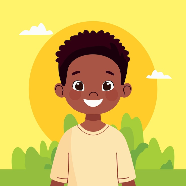Vetor vector menino preto com rosto sorridente e sol e árvore desenho de fundo e menino ilustração de desenho animado
