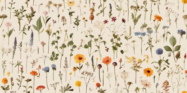 Vector moderno de flores silvestres padrão sem costura flores de jardim floral boho collage contemporâneo.