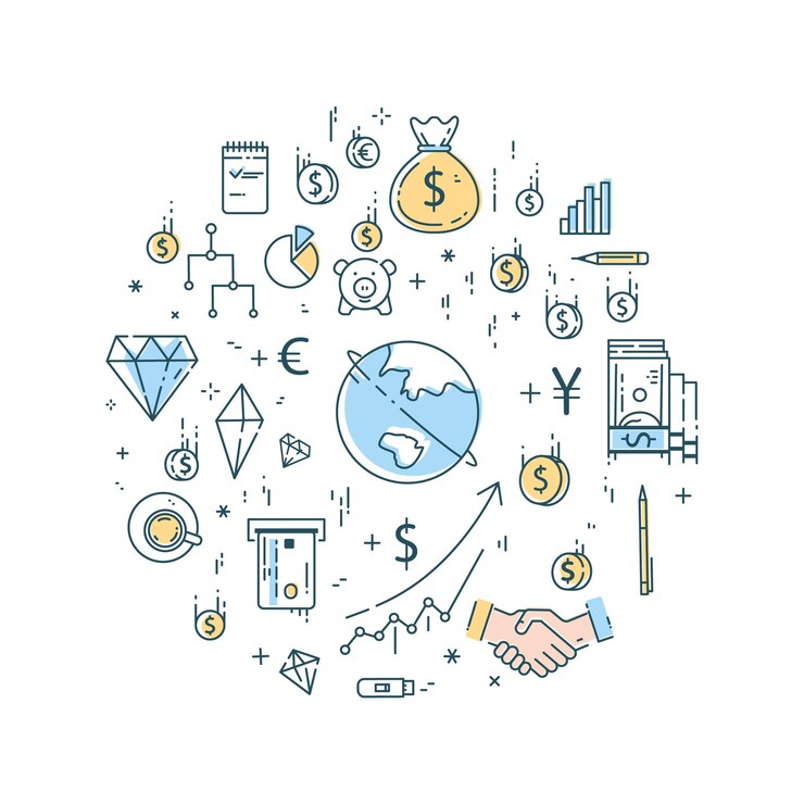 Vector mundo linear plano e conceito de dinheiro em compositio redondo isolado no fundo branco Troca de moeda do mundo dos negócios convertendo dinheiro comércio global e símbolos de finanças
