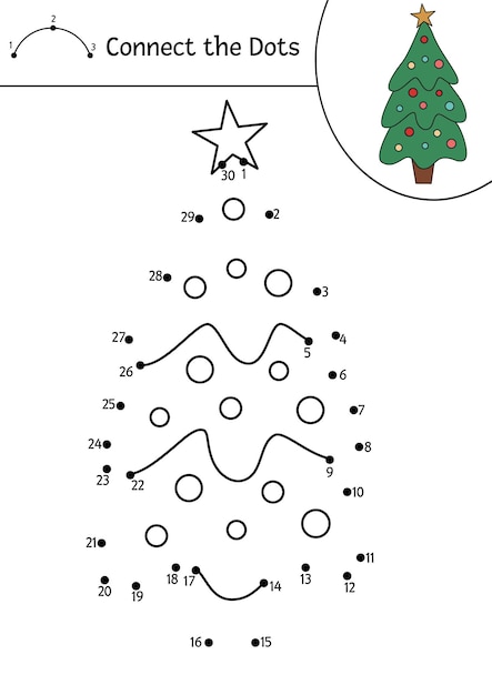 Vector natal dottodot e atividade colorida com abeto fofo férias de inverno conecte o jogo de pontos para crianças página para colorir engraçada para crianças com o símbolo tradicional de ano novo xa