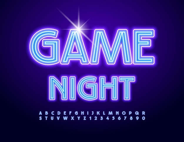 Vetor vector neon advertisement game night creative glowing font bright alfabeto letras e números conjunto