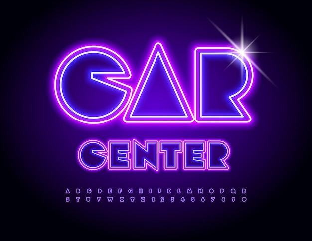 Vector neon signboard car center glowing cool font trendy alfabeto elétrico letras e números