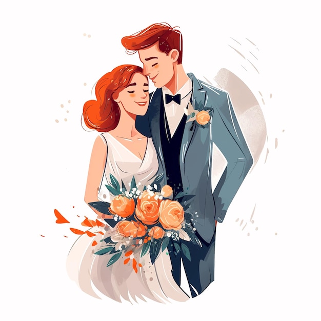 Vetor vector noiva com um buquê de flores e noivo na ilustração do apartamento de casamento