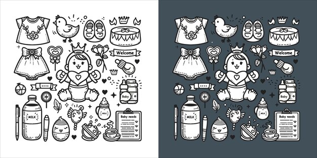 Vector novo baby born doodle line art ilustração um conjunto brincalhão de ícones de bebês desenhados à mão