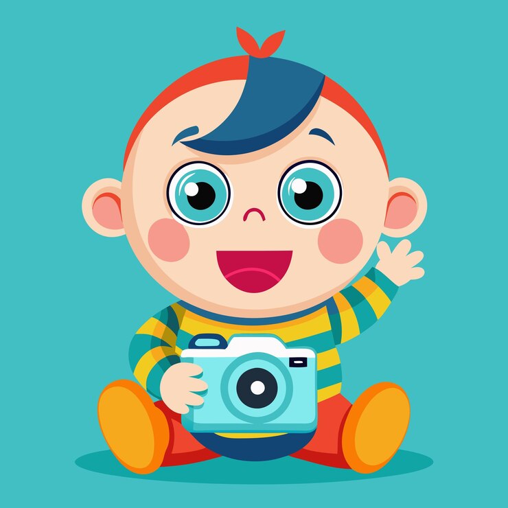 Vetor vector, o bebé bonito está a segurar uma câmara fotográfica.