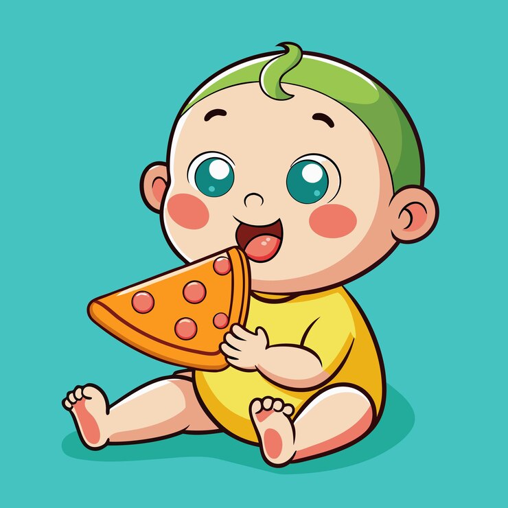 Vetor vector, o bebé está a comer pizza isolado.